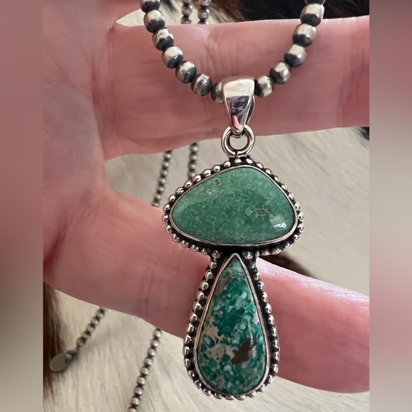 ❤️ White Water Turquoise Sterling Navajo 2 Stone Pendant 1.69” L - 6.2 Gram - Picture 7 of 12